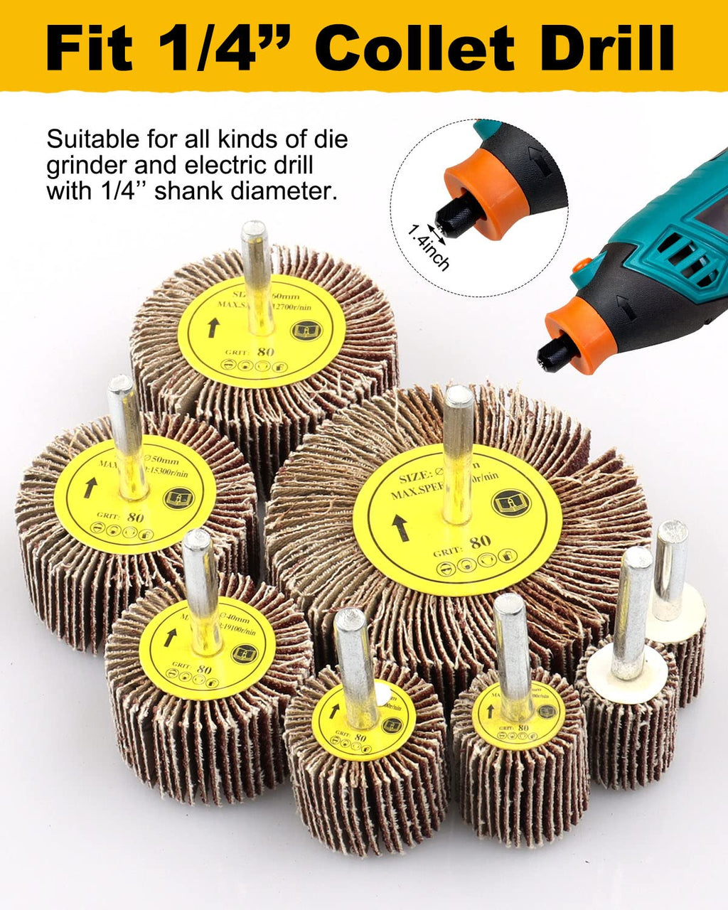 1/4" Shank Flap Wheel Sander Set 8Pcs, 8 Size Flapper Wheel 80 Grit