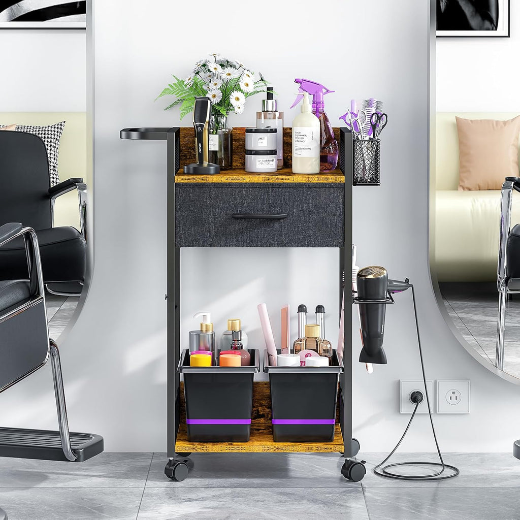 Salon Trolley Cart with Wheels, Mobile Hair Stylist Station with Metal Tool Holder & Basket, Rolling Barber Table