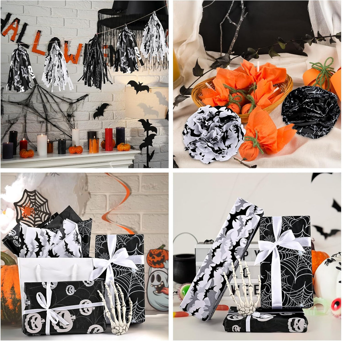 90 Sheets Halloween Tissue Paper Bulks 14 x 20inch Black White Pumpkin Cobweb Bat Gift Wrapping Paper Scary Horror