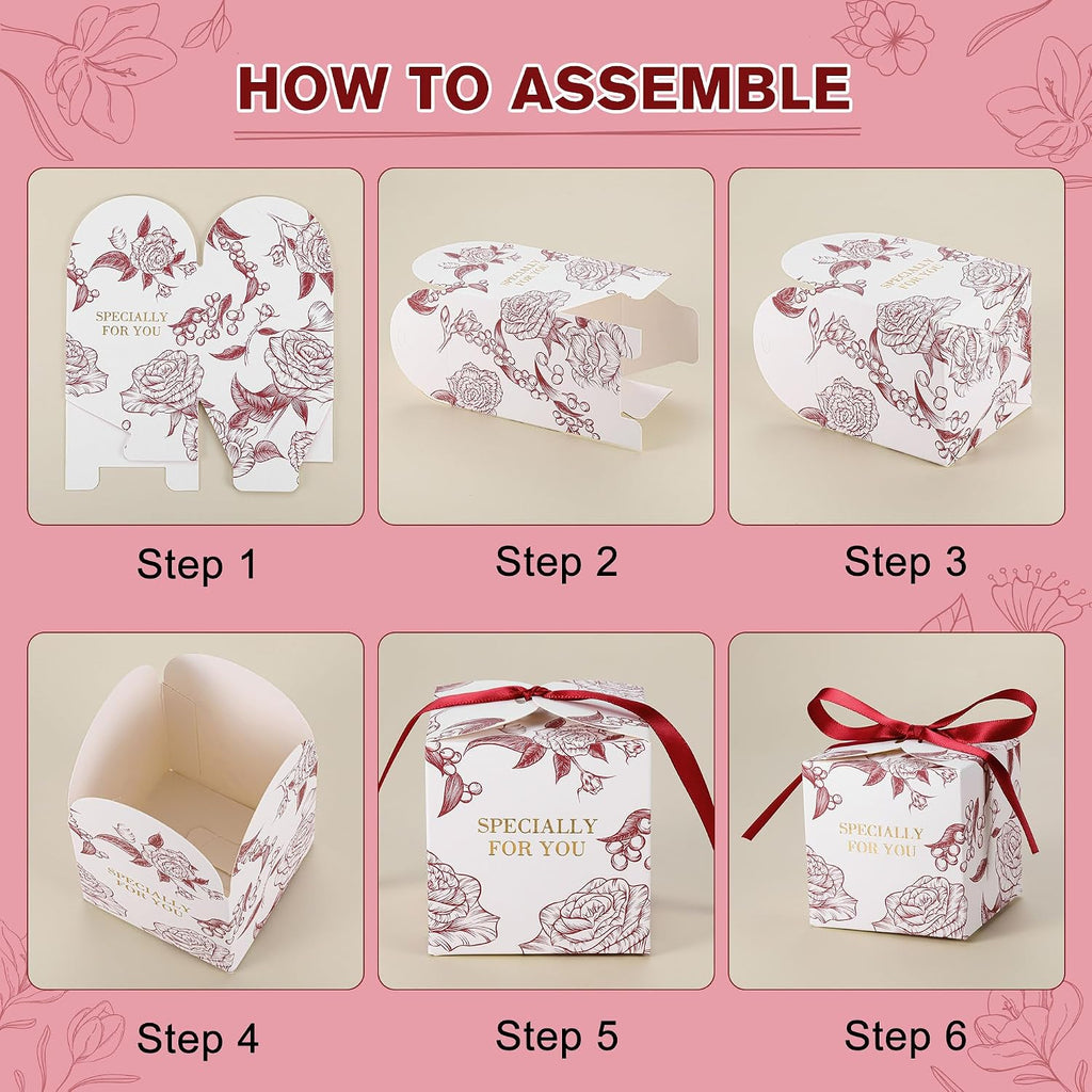 50pcs Rose Party Favor Boxes, 2.75 x 2.75 x 2.75 Inch Wine Red Candy Boxes with Ribbons for Wedding Bridal Baby