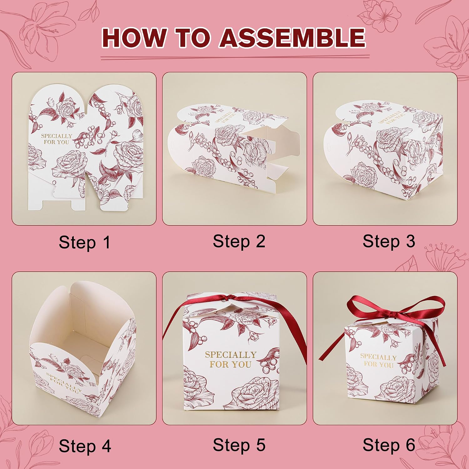 50pcs Rose Party Favor Boxes, 2.75 x 2.75 x 2.75 Inch Wine Red Candy Boxes with Ribbons for Wedding Bridal Baby