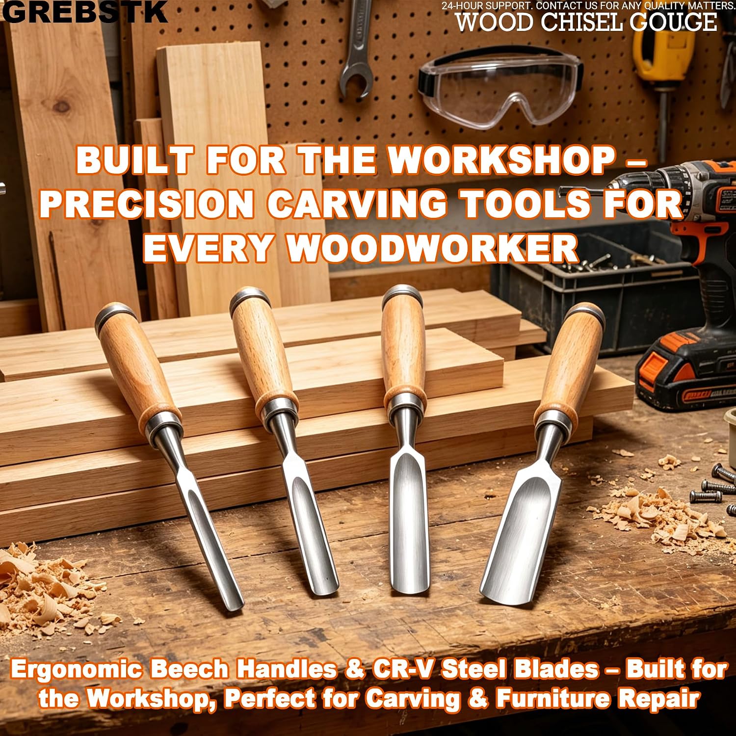 4PC Wood Chisel Gouge Set, CR-V Hardened Semi-Circular Blades, Ergo Grips | Edge Retention, Low-Vibration Cuts