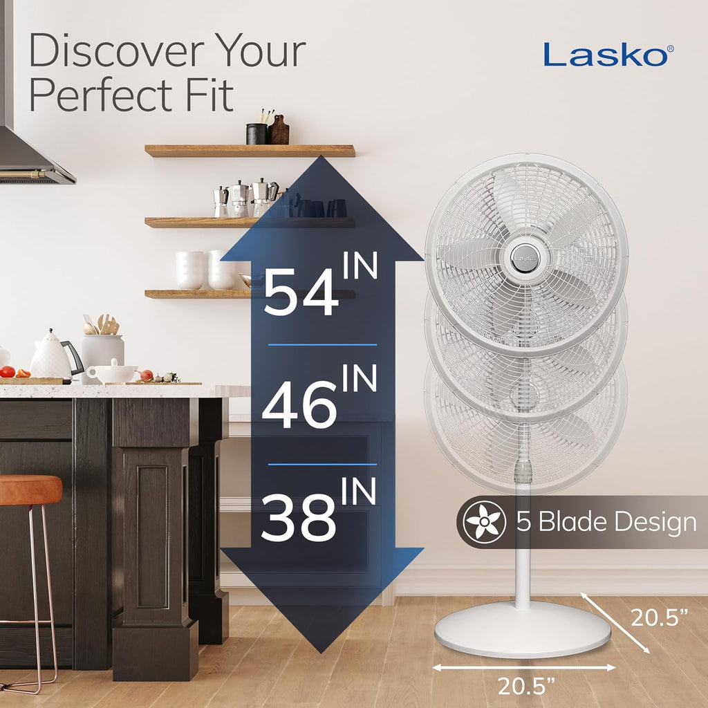 Oscillating Pedestal Fan - Lasko Fan with Adjustable Height and 3 Cooling Speeds, Portable, 18", White, 1820