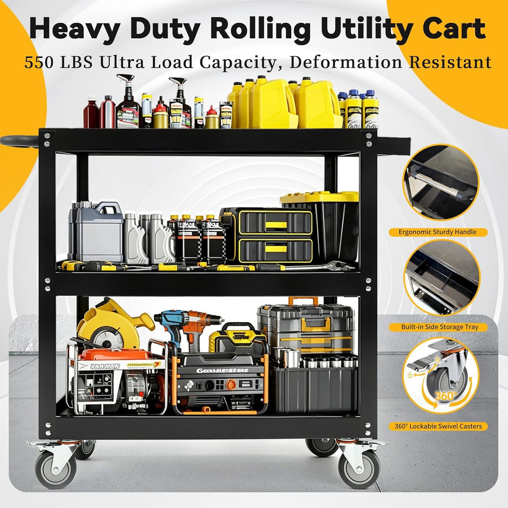 3-Tier Large Heavy-Duty Rolling Tool Cart, 550LBS Utility Carts with Swivel Wheels, Thickened Steel Frame Service
