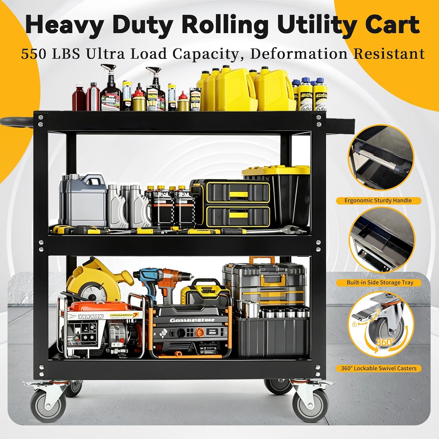 3-Tier Large Heavy-Duty Rolling Tool Cart, 550LBS Utility Carts with Swivel Wheels, Thickened Steel Frame Service