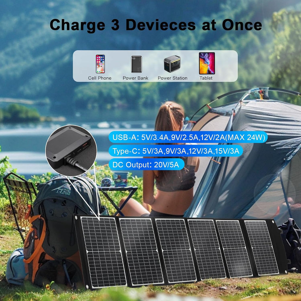 100 Watt Portable Solar Panel, Foldable Solar Panel Charger with Kickstands, QC3.0 USB-A USB-C & DC Output for