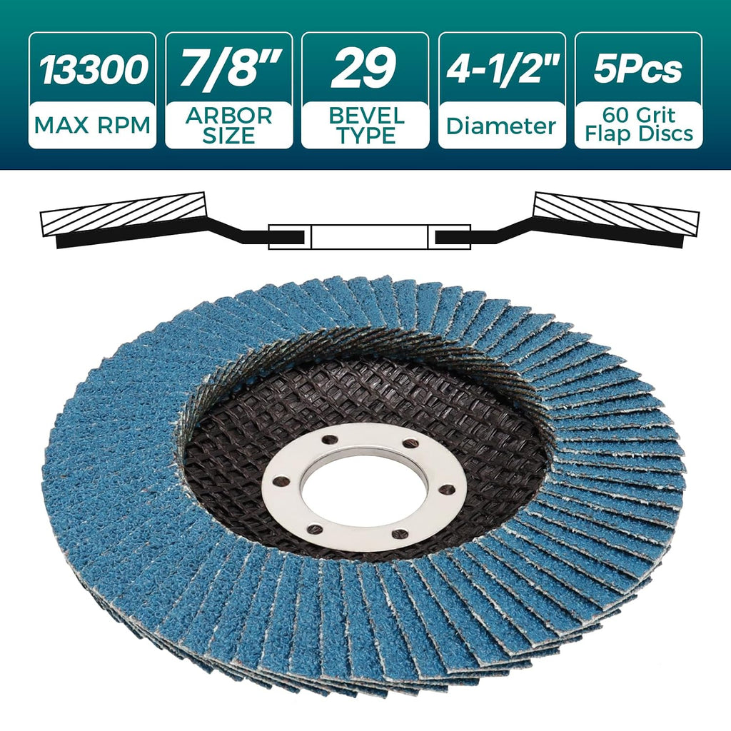 4-1/2" 60 Grit Flap Discs, 7/8" Arbor, 5 Pack