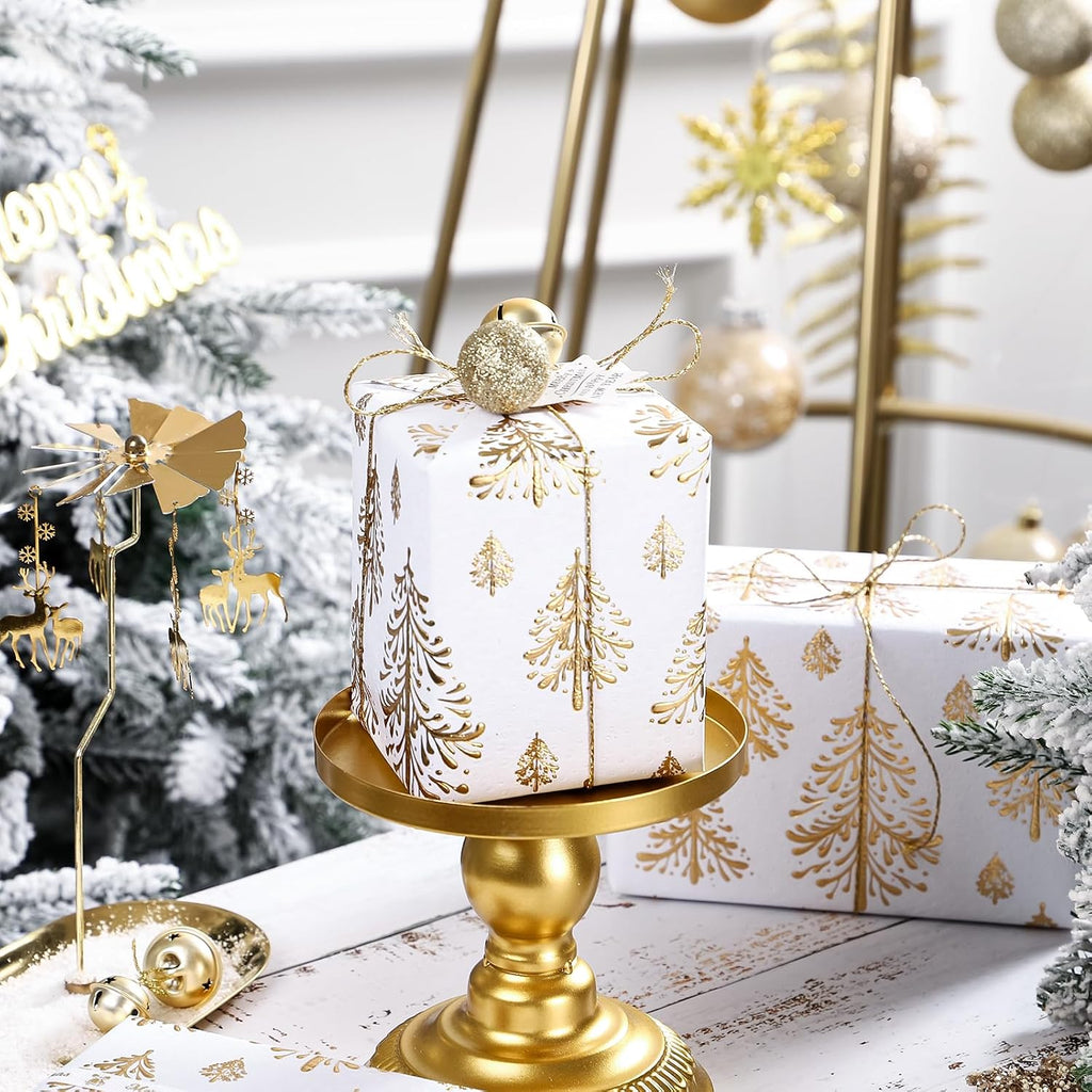 3D Kraft Christmas Wrapping Paper Roll - Mini Roll - 17 Inch x 16.5 Feet - Gold and White Christmas Tree Wrapping