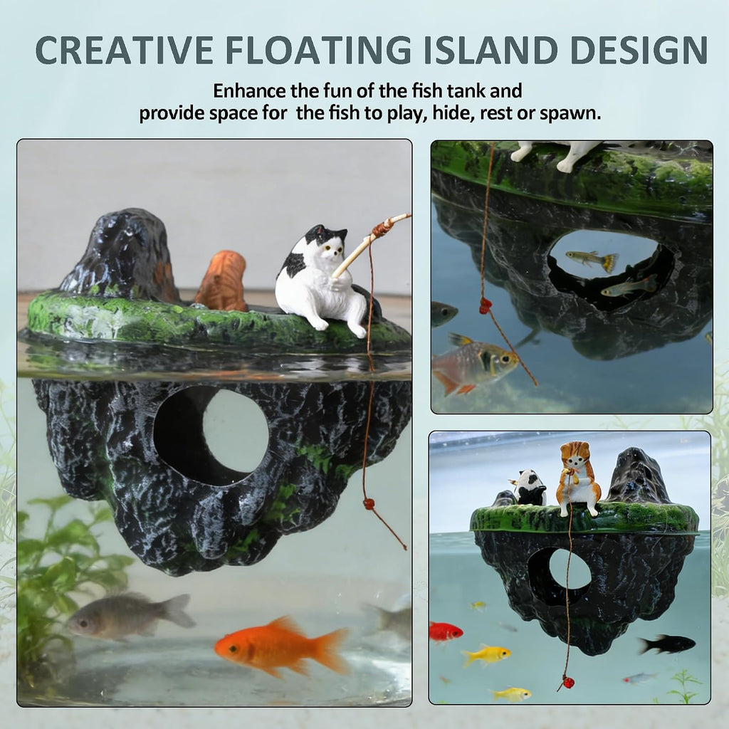 Aquarium Floating Island, Aquarium Decor, Cat Fishing Fun Fish Tank Decorations, Aquarium Cave Fish Hideout for Betta