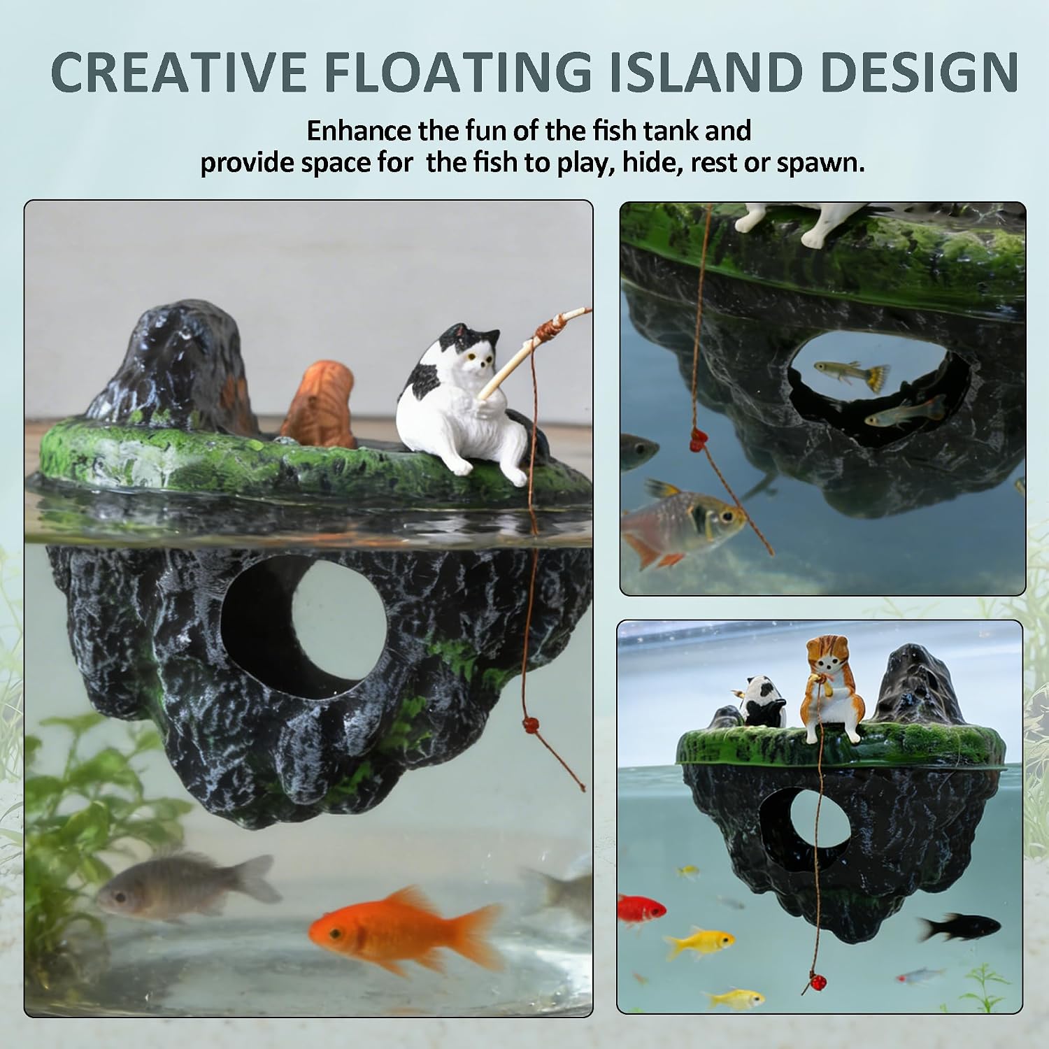 Aquarium Floating Island, Aquarium Decor, Cat Fishing Fun Fish Tank Decorations, Aquarium Cave Fish Hideout for Betta