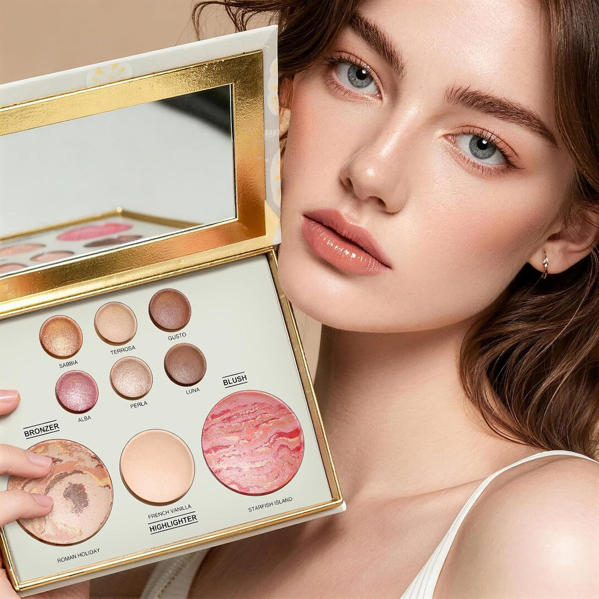 All in One Baked Makeup Face Palette, Includes 6 Eyeshadows, Bronzer, Blush, and Highlighter, Blush and Bronzer