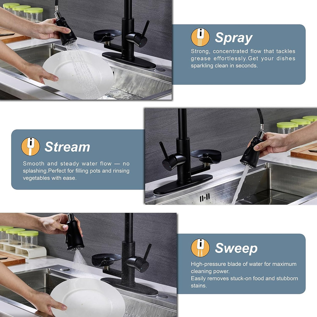 Matte Black Kitchen Faucet with Glass Rinser, Pull Down Sprayer with 3 Water Modes, Single Handle Stainless Steel