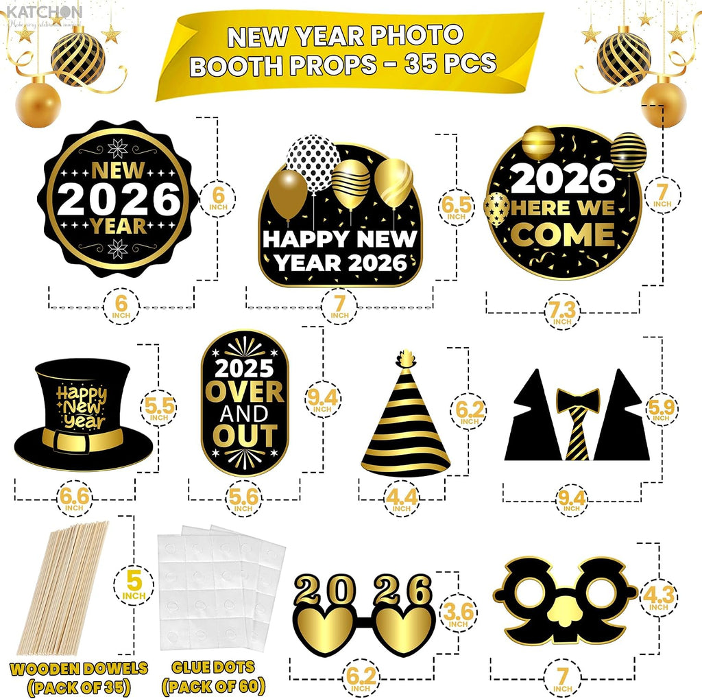 New Years Eve Photo Booth Props 2026, Pack of 35 | Gold and Black New Years Photo Booth Props for Happy New Years