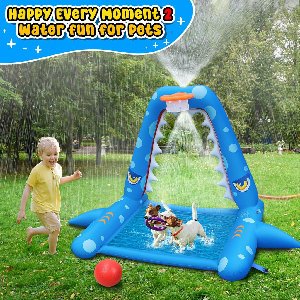 Sprinkler for Kids Outdoor Play, Giant Inflatable Shark Water Toys Splash Pad with Basketball Hoop, Fun Sprinkler