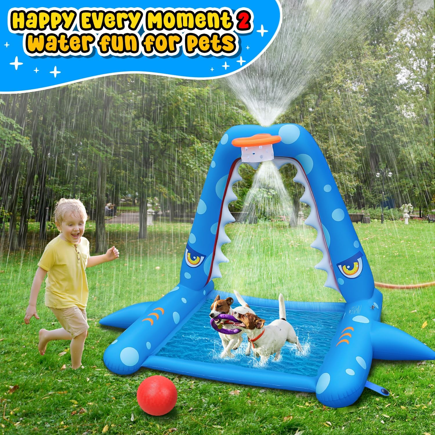 Sprinkler for Kids Outdoor Play, Giant Inflatable Shark Water Toys Splash Pad with Basketball Hoop, Fun Sprinkler