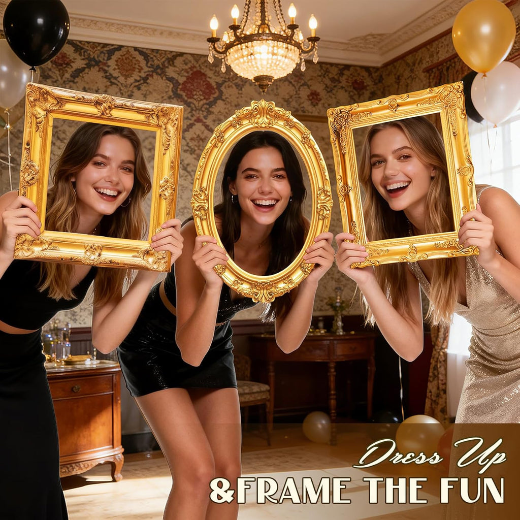Large Gold Vintage Picture Frame Set of 3 - Cardboard Photo Booth Props for Weddings & Parties,Big Selfie Frame with