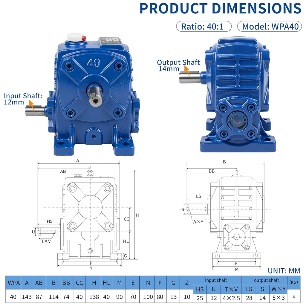 CNCTOPBAOS WPA40 Worm Gear Reducer 40:1, 12mm Input 14mm Output Gearbox