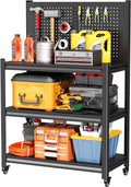 Metal Work Bench with Pegboard, 3 Adjustable Storage Shelves & 4 Lockable Rolling Wheels, Heavy Duty Rolling Garage
