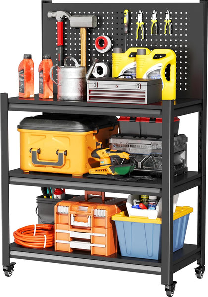 Metal Work Bench with Pegboard, 3 Adjustable Storage Shelves & 4 Lockable Rolling Wheels, Heavy Duty Rolling Garage