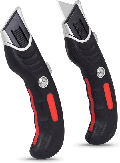 Ergonomic Utility Knife Set | Retractable Box Cutter with Rubber Handle | For Cutting Cardboard, Carpet & Plastic |