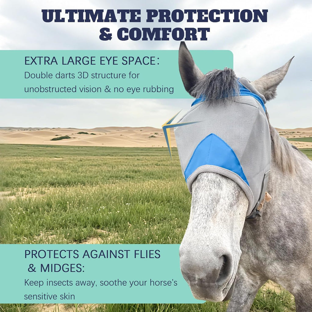 Horse Fly Mask Without Ears, Breathable Mesh UV Protection, Soft Fleece Trim, Adjustable Secure Fit, No Eye Rubbing
