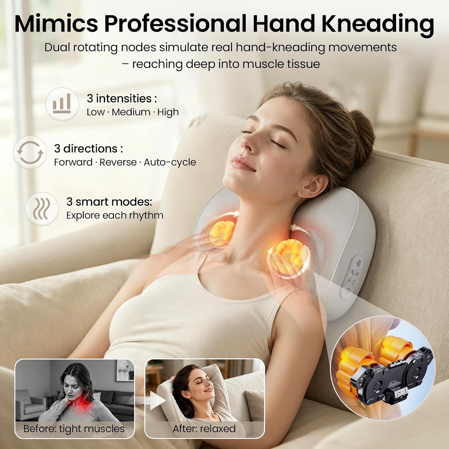 Multi-Functional Neck and Back Massager with Heat, Rechargeable Massager Pillow with 3D Kneading Deep Tissue