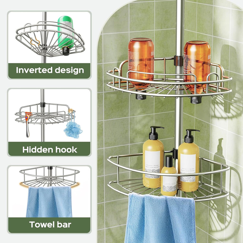 Corner Shower Caddy Tension Pole: 4-Tier Rust-Resistant Adjustable Bathroom Organizer Shelves - 47.72-123.6 Inch