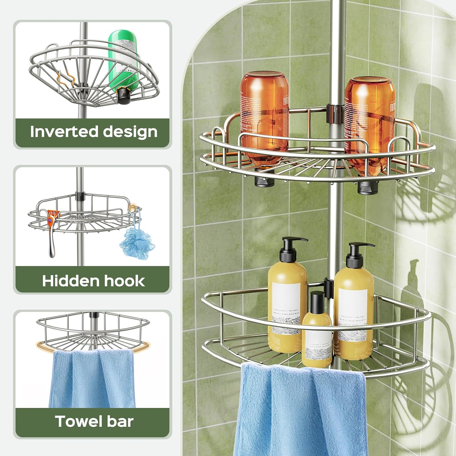 Corner Shower Caddy Tension Pole: 4-Tier Rust-Resistant Adjustable Bathroom Organizer Shelves - 47.72-123.6 Inch