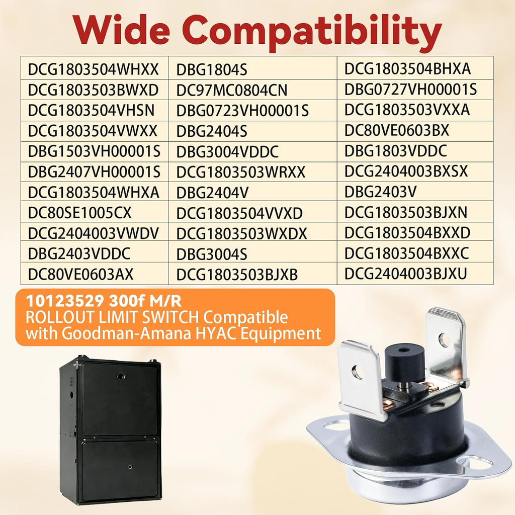 10123529 M/R Rollout Limit Switch L300F - Manual Reset Limit Switch Compatible with Goodman-Amana HVAC Equipment, Fits Models HQ1013102TD 1150544 1320439 1320441 1320442