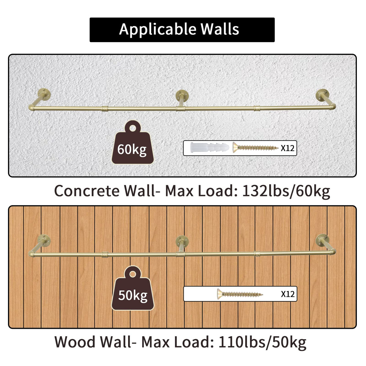 72" Wall Mounted Clothes Rack, Closet Rods for Hanging Clothes
