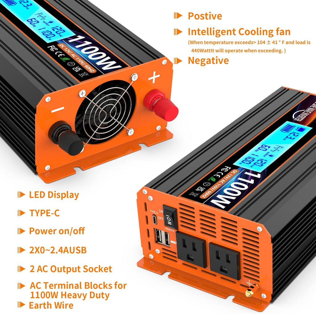 1100 Watt Pure Sine Wave Power Inverter 12V DC to 110V 120V Converter for Family RV Off Grid Solar System Car with