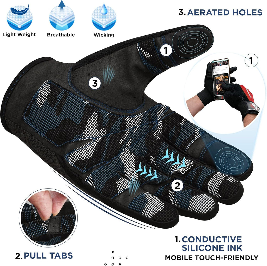 Weight Lifting Gloves with Wrist Support -Touch Screen Full Finger Gym Workout, Breathable Anti Slip Padded Grip, Men