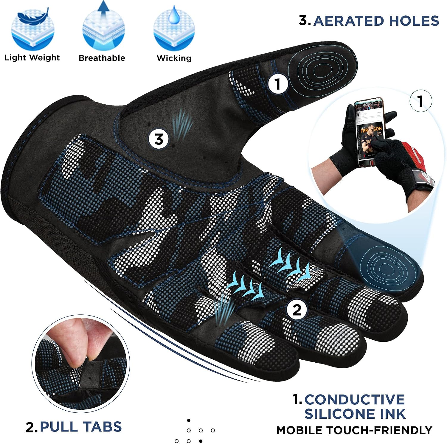 Weight Lifting Gloves with Wrist Support -Touch Screen Full Finger Gym Workout, Breathable Anti Slip Padded Grip, Men
