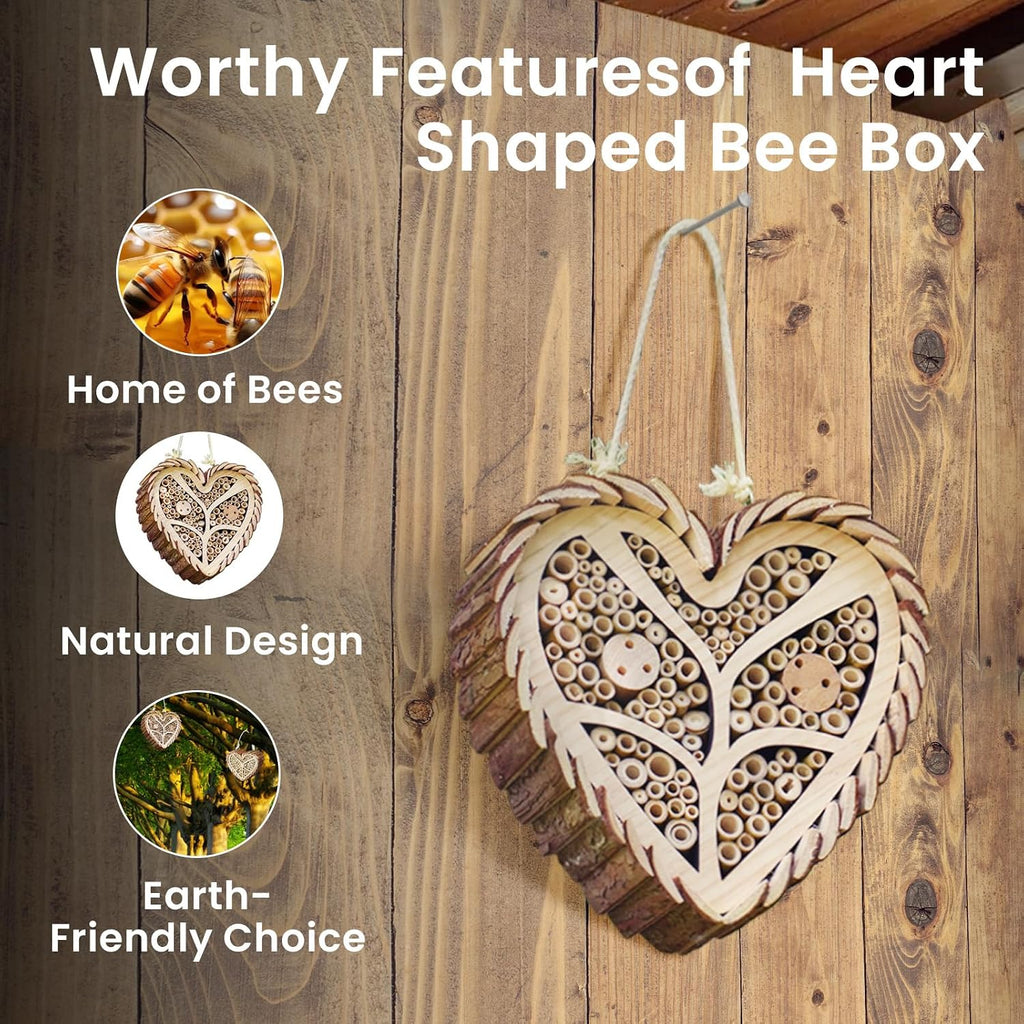 Heart-Shaped Mason Bee House, Wooden Habitat with Bamboo Tubes, Nesting Aid for Solitary Bees, Garden Decor
