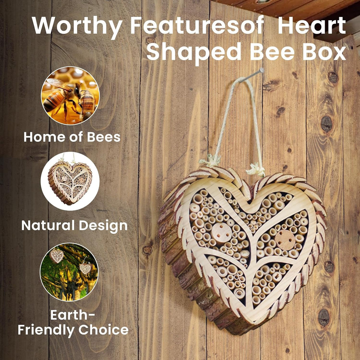 Heart-Shaped Mason Bee House, Wooden Habitat with Bamboo Tubes, Nesting Aid for Solitary Bees, Garden Decor