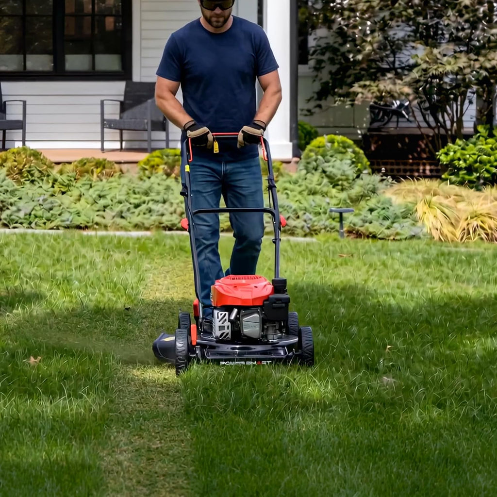18-inch 144cc Gas Lawn Mower, Push Mower with Side-Discharge | 144cc 4-stroke OHV engine, 5-Position Height Adjustment