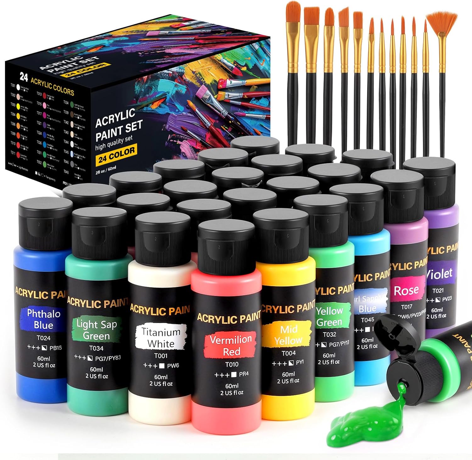 Acrylic Paint Set, 24 Colors (2 oz/Bottle) with 12 Art Brushes, Art Supplies for Painting Canvas, Wood, Ceramic &