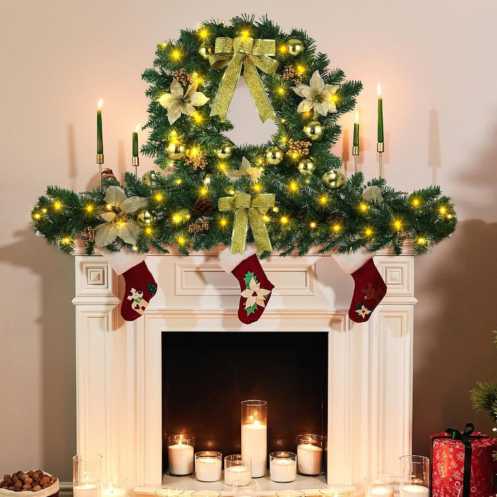 4 Piece Pre Lit Gold Christmas Garland and Wreath Set 3 ft Entrance Trees 17.72" Front Door Christmas Wreath 7.87 ft