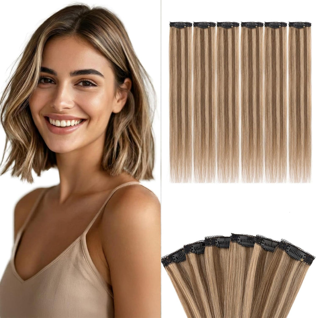 6 PCS Clip in Short Hair Extensions Real Human Hair Seamless & Invisible for Women Instant Volume Highlight Length