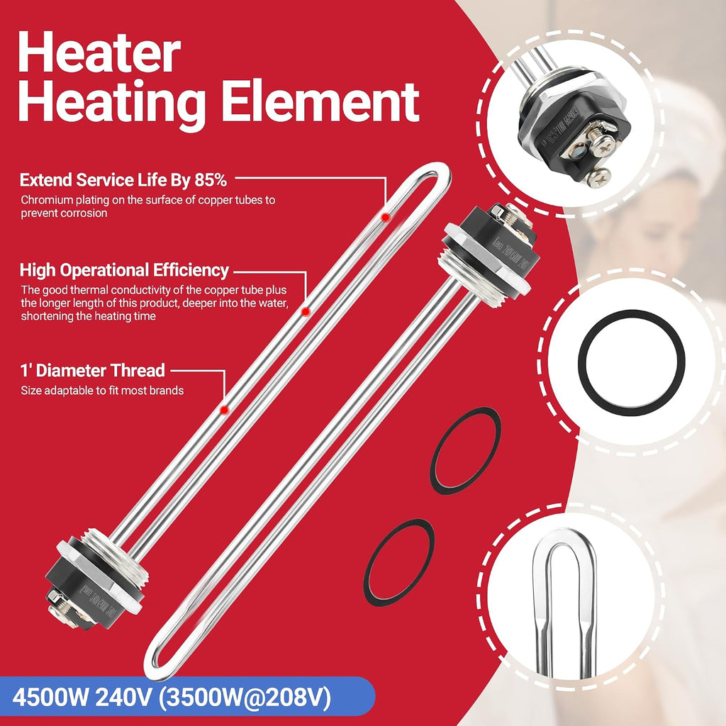Electric Water Heater Tune-Up Kit, Includes Upper & Lower Heater Thermostat and Protective Covers, Water Heater Heating Elements, Quick Change Tool, Element Wrench