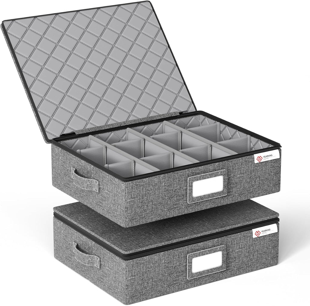 Cup and Mug Storage Box 2 Pack with Hard Shell and Dividers for Coffee Mugs,Tea Cups and Glasses,Stackable Storage