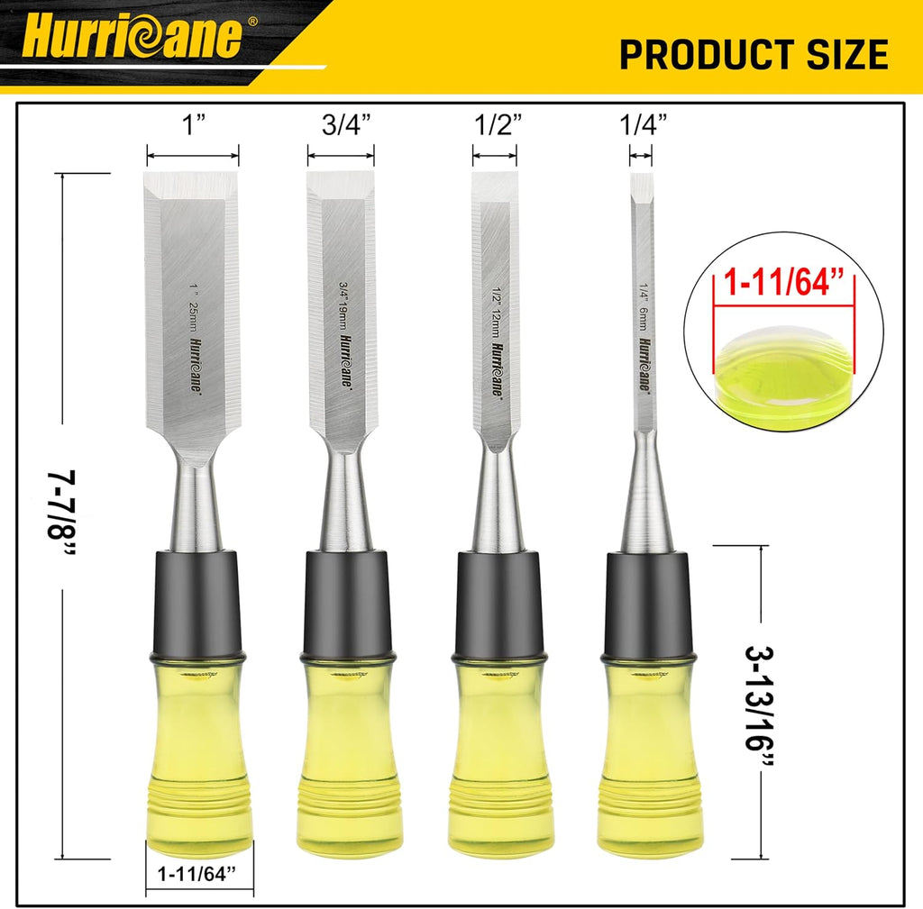 4 Piece Wood Chisel Set for Woodworking. CR-V Steel Beveled Edge Blades with Safety Caps. Extra Large Grip