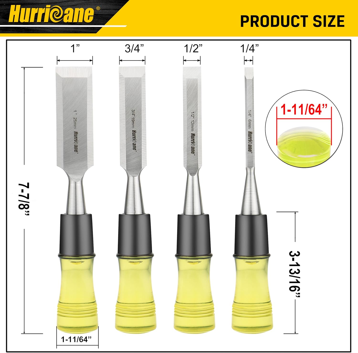 4 Piece Wood Chisel Set for Woodworking. CR-V Steel Beveled Edge Blades with Safety Caps. Extra Large Grip