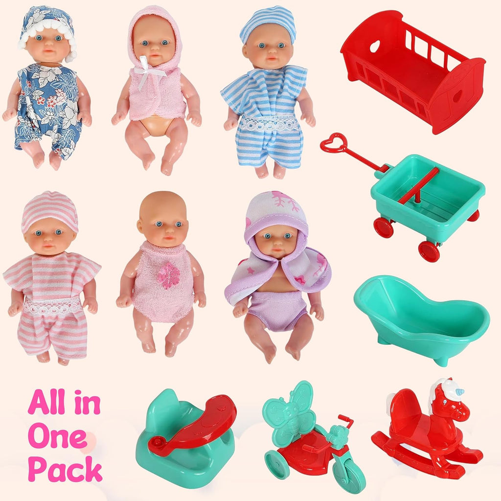 6 Mini Doll Set - 5" Inch Baby Girl Toy - Princess Toys Dolls - Baby Doll Crib, High Chair, Bathtub, Horse See Saw
