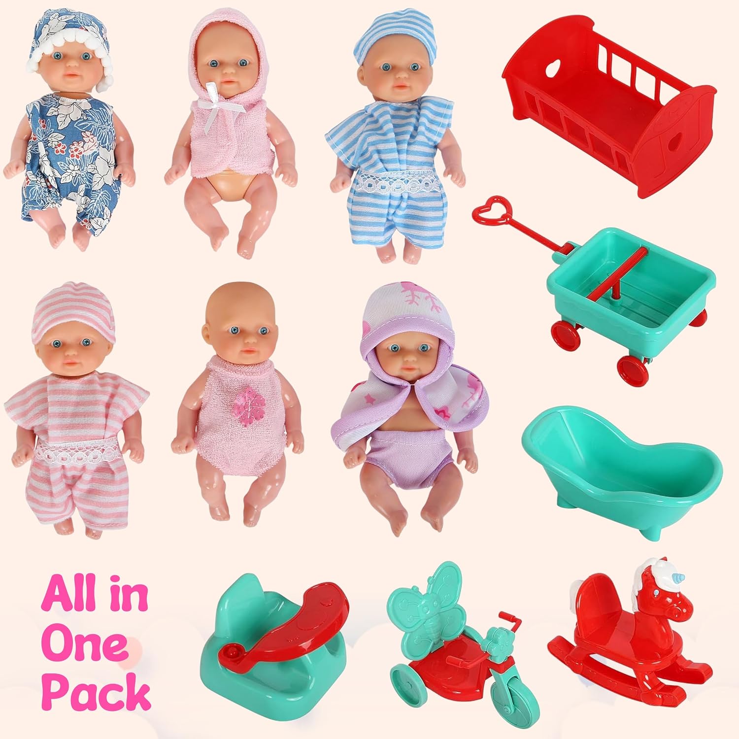 6 Mini Doll Set - 5" Inch Baby Girl Toy - Princess Toys Dolls - Baby Doll Crib, High Chair, Bathtub, Horse See Saw