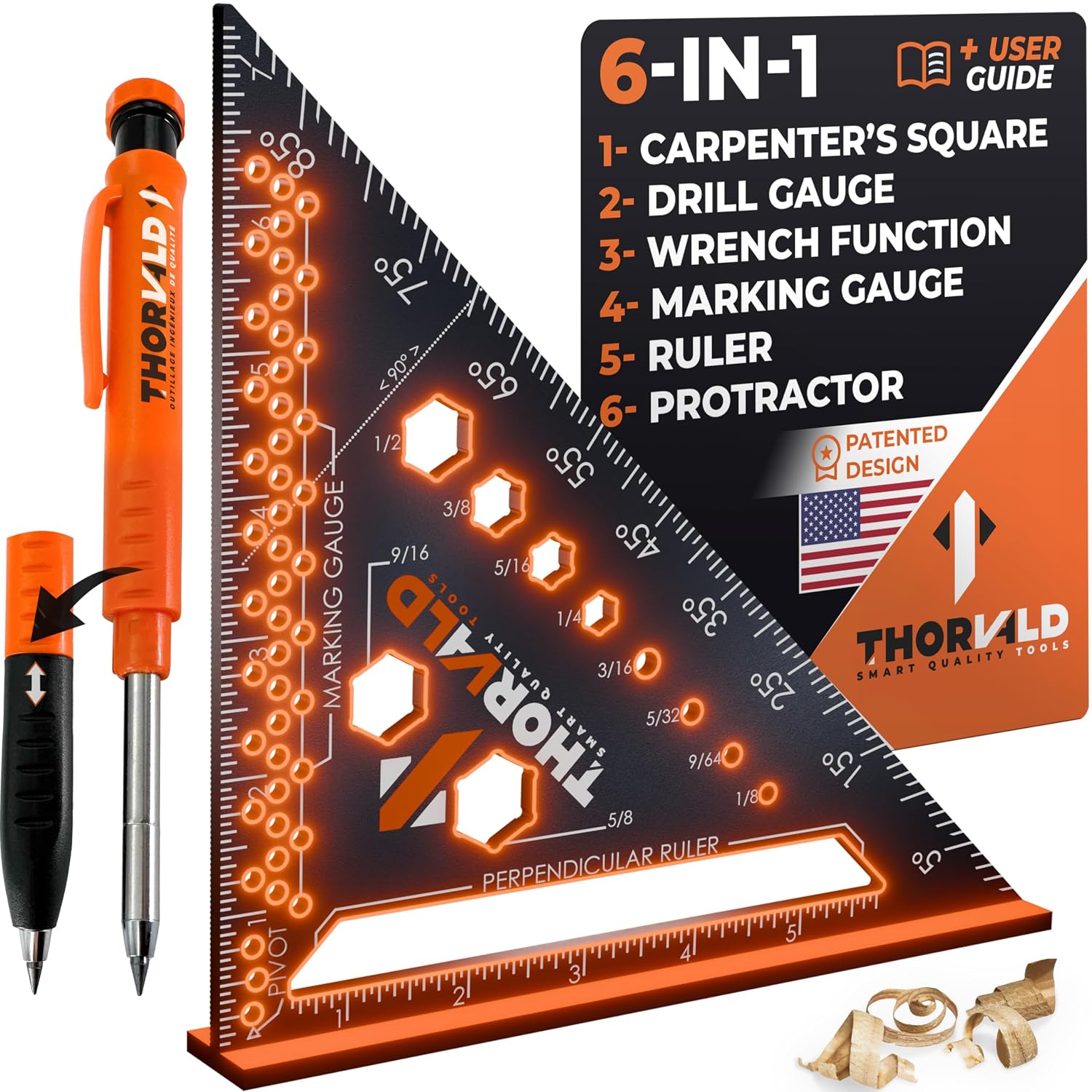 6-in-1 Carpenter Square 7 inch (1/16" Precision) T Square Multi-Purpose Carpenter Tools : Wrench, Square, Protractor