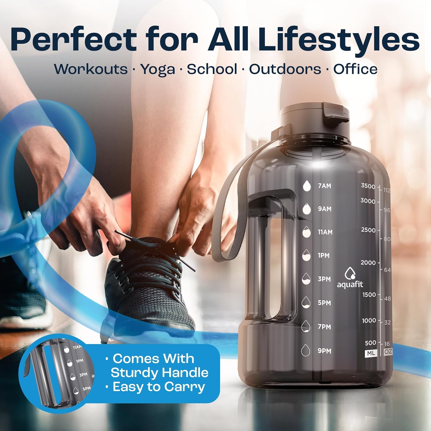 1 Gallon Water Bottle with Time Marker | BPA Free 128 oz Water Bottle with Straw and Chug Lids - Leakproof Gym Water