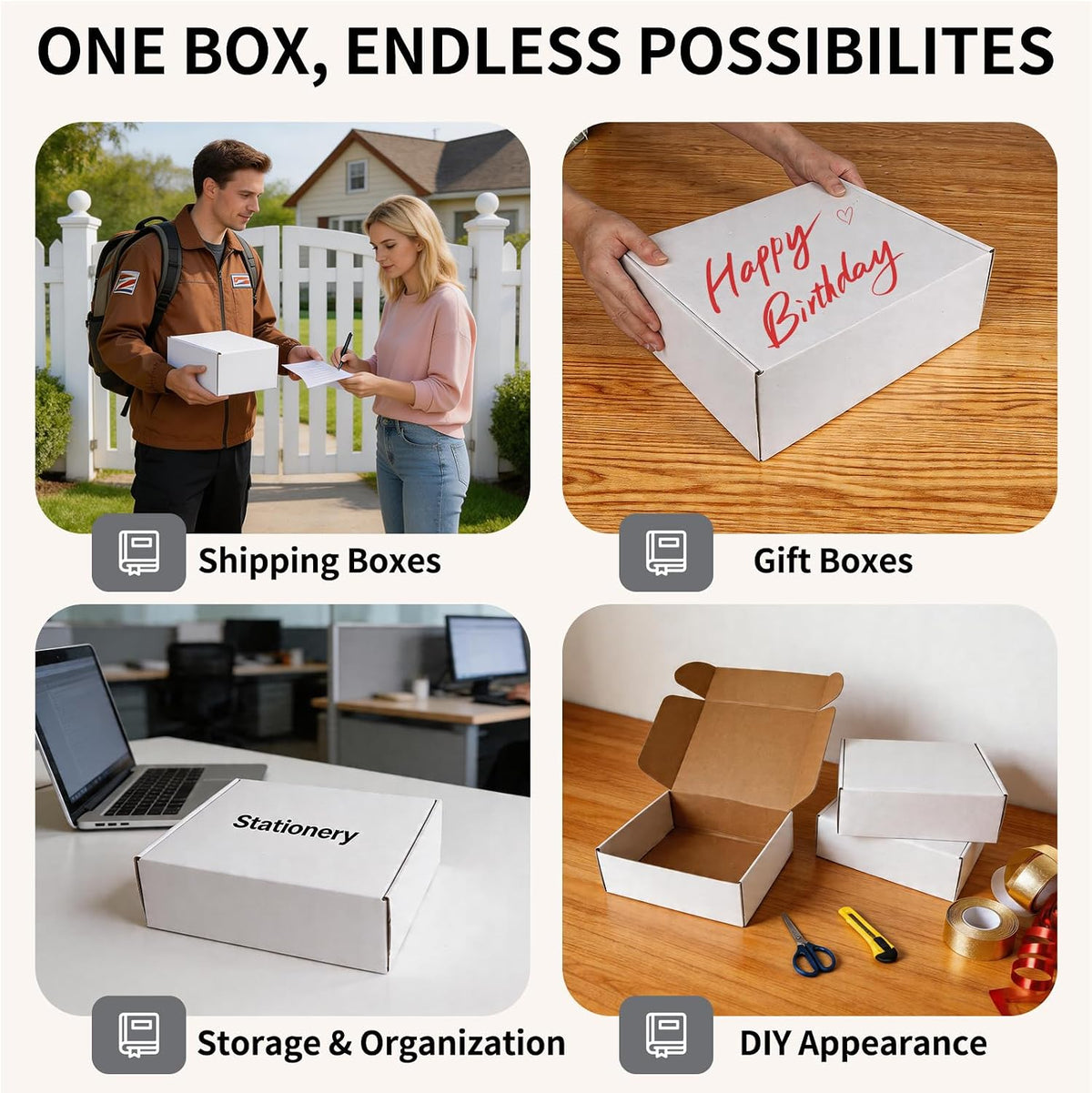 12" x 10" x 4" White Corrugated Cardboard Shipping Boxes Set of 5