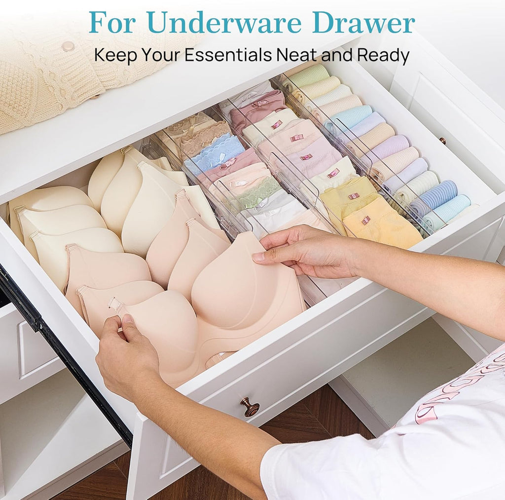 8 Pack Drawer Dividers for Clothes, 4" High 10.2"-16.5" Adjustable Expandable Dresser Drawer Organizer, Clear Plastic
