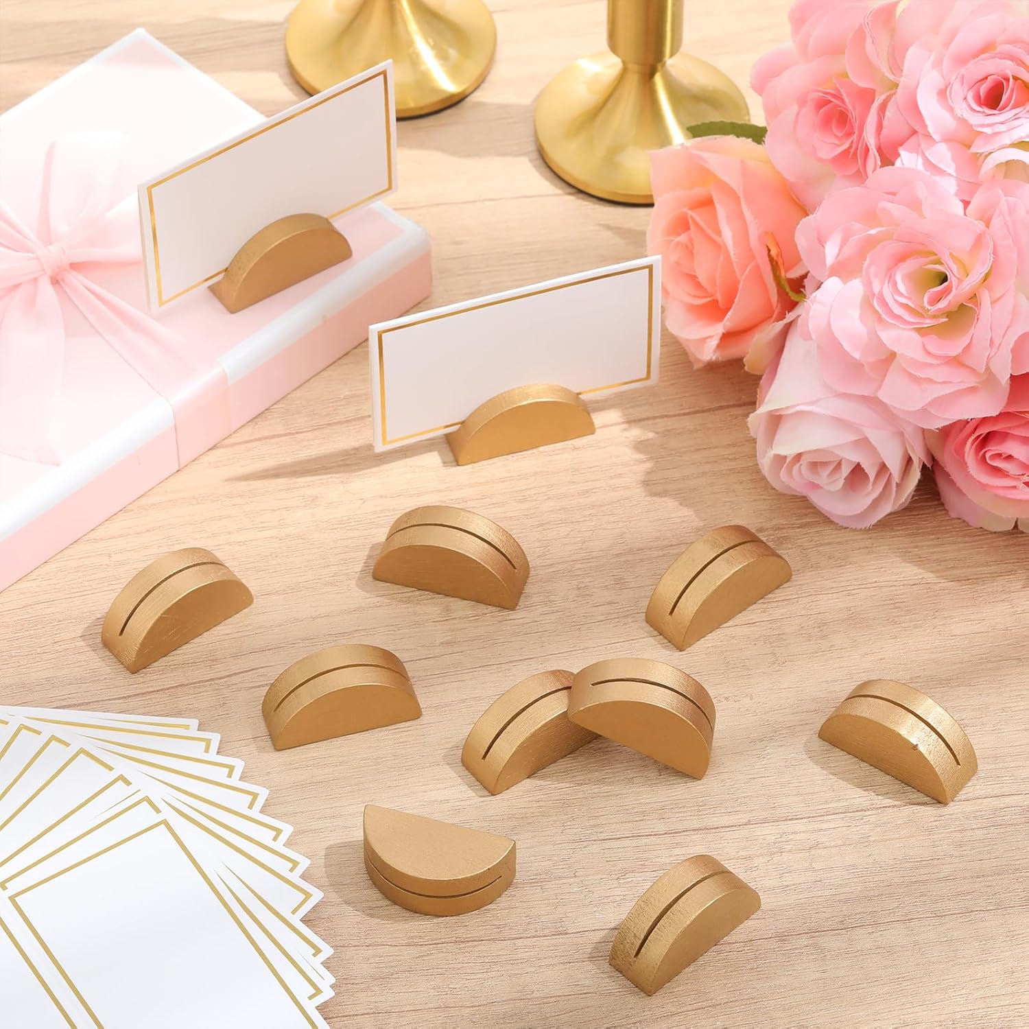 24 Pcs Wooden Table Number Stands with Tented Cards,Gold, White | Place Card Holders for Weddings, Semicircle Wood